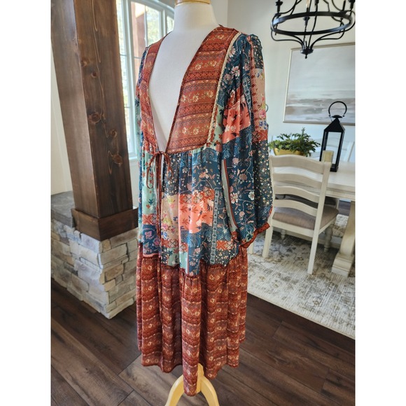 Boutique Umgee USA Patchwork Boho Kimono Hippie Stevie Nicks Gypsy Festival S - Picture 3 of 9